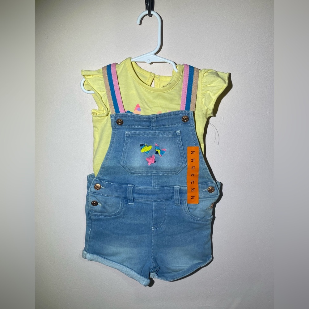 New BCBG Girls Toddler 2 Piece Set - Size 2T- Jean Overalls w/Yellow TShirt- NWT